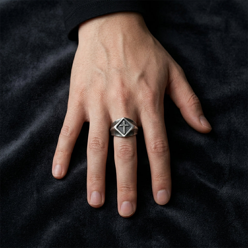 Brushed Cross Signet Ring