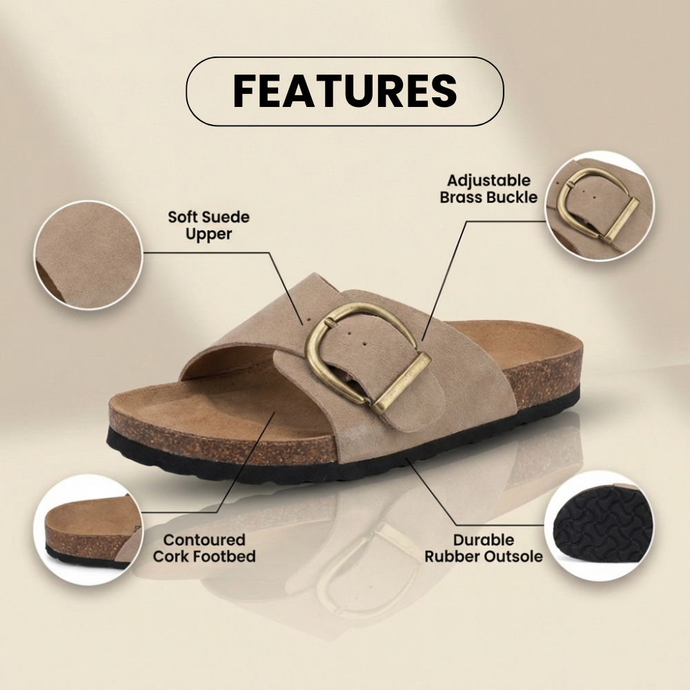 Orthopedic Leather Cork Slide Sandals - Oversized Buckle Detail