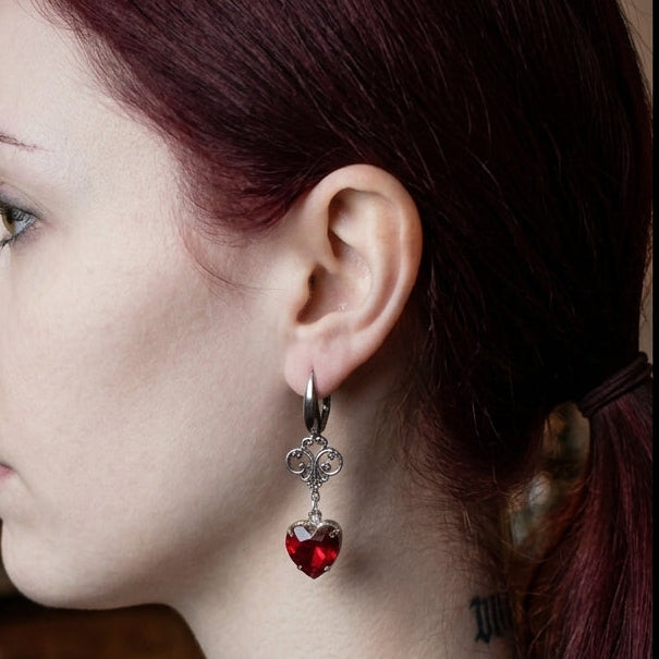 Gothic Red Crystal Heart Earrings
