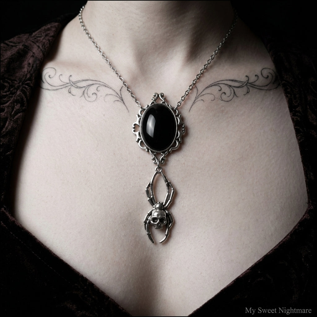 Gothic Black Gem Spider Necklace