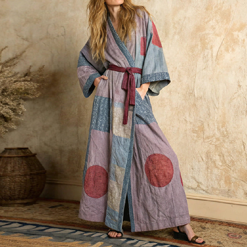 Women's Japanese Art Linen V-neck Robe artswardrobe