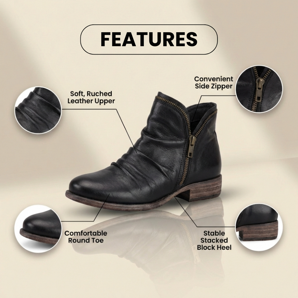 Orthopedic Leather Ruched Ankle Boots - Side Zip Low Heel