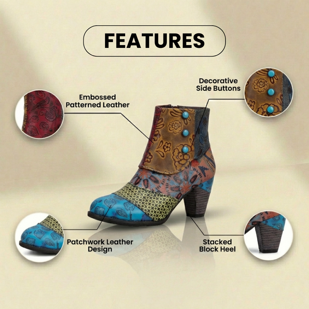 Orthopedic Bohemian Patchwork Ankle Boots - Embossed Leather