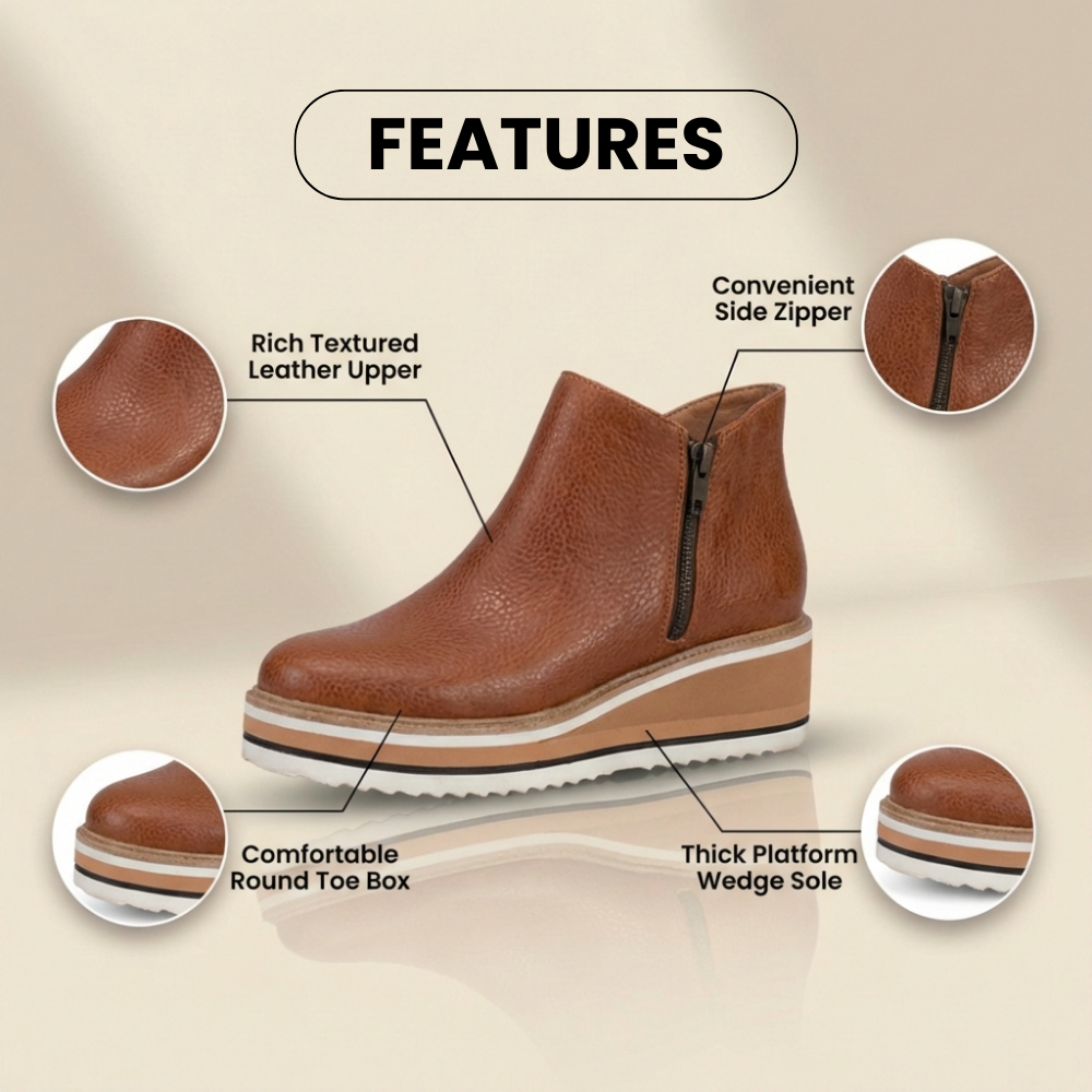 Orthopedic Leather Platform Ankle Boots - Side Zip Wedge
