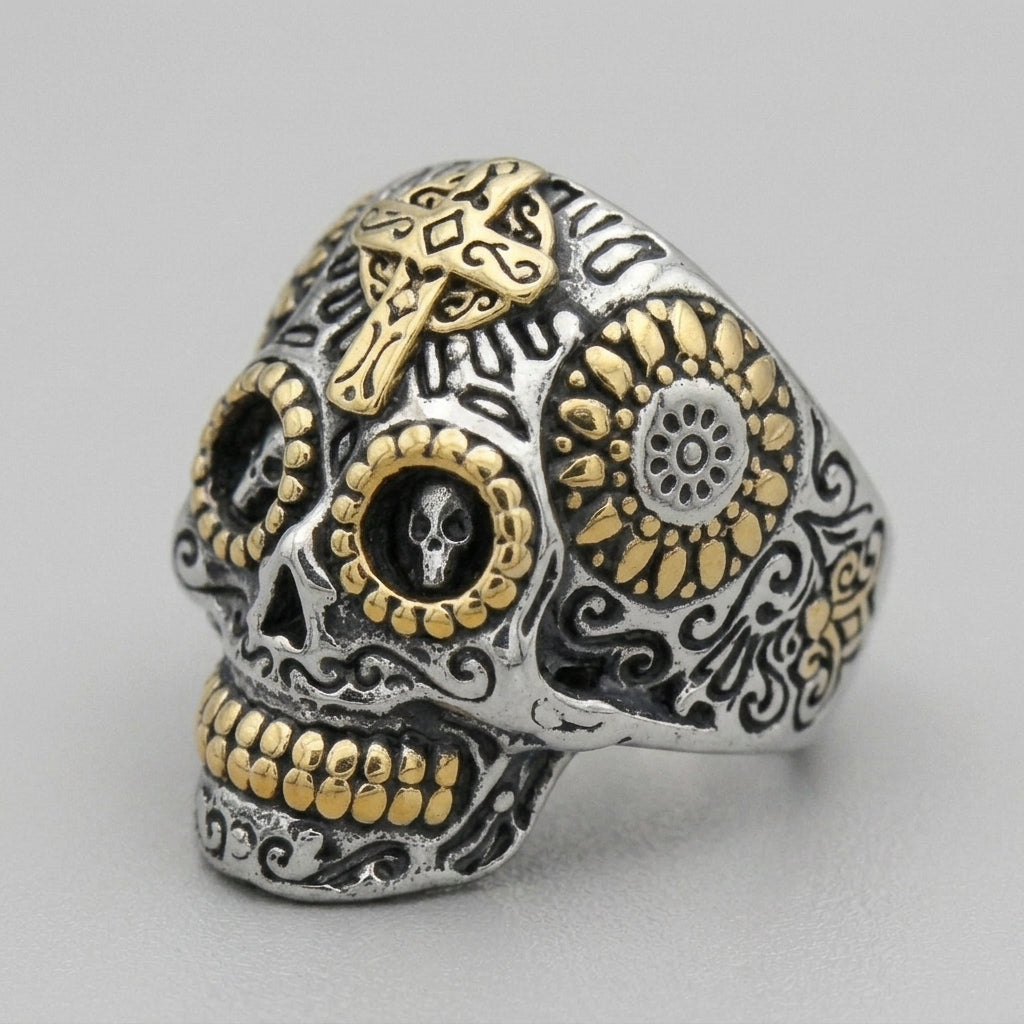 Gold Cross Skull Statement Ring