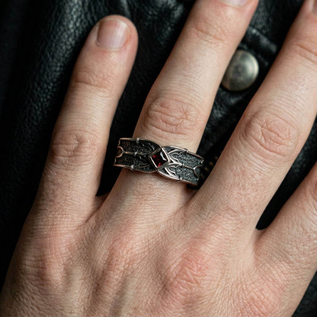 Gothic Mens Ring with Red Gem Sterling