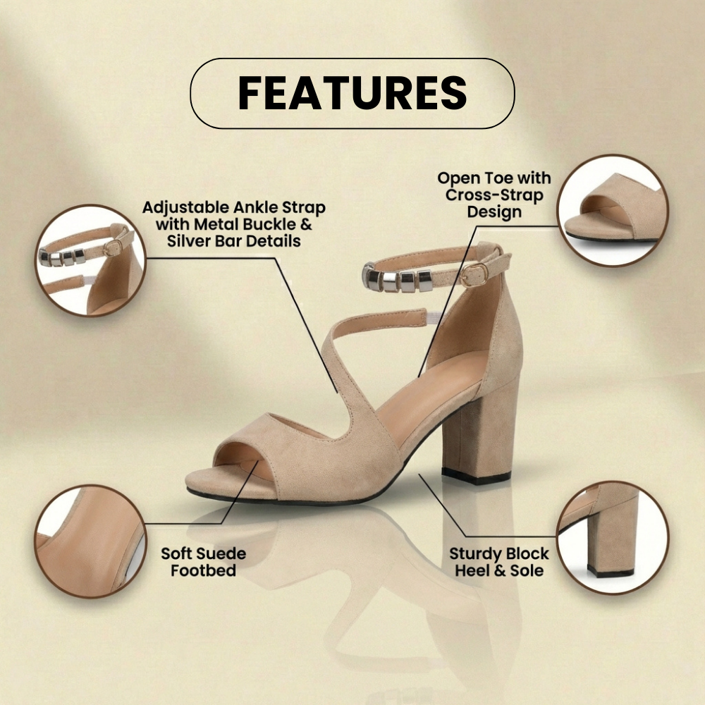 Orthopedic Suede Block Heel Sandals - Metallic Beaded Ankle Strap