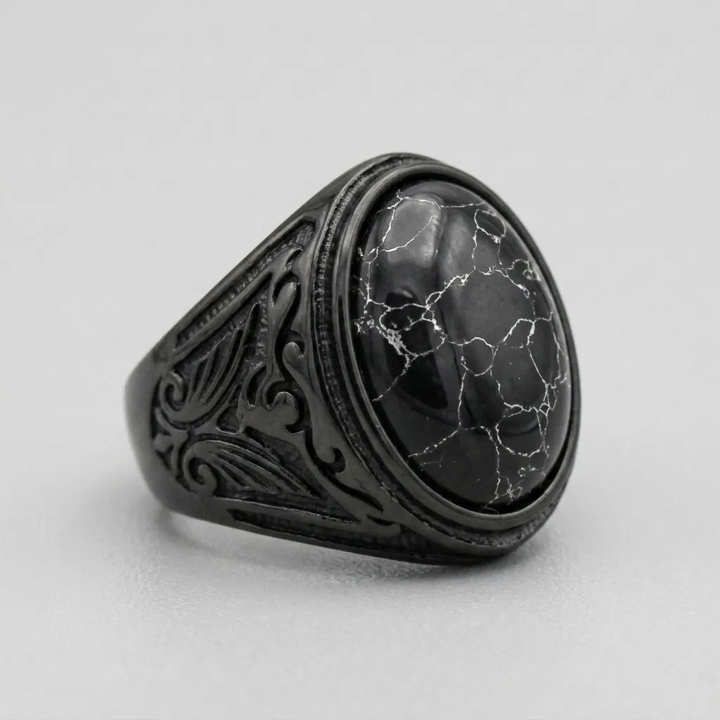 Black Marble Oval Cabochon Signet Ring