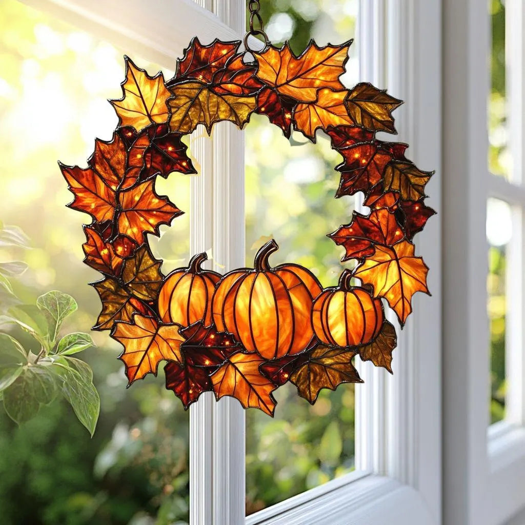 Autumn Pumpkin Maple Wreath Suncatcher
