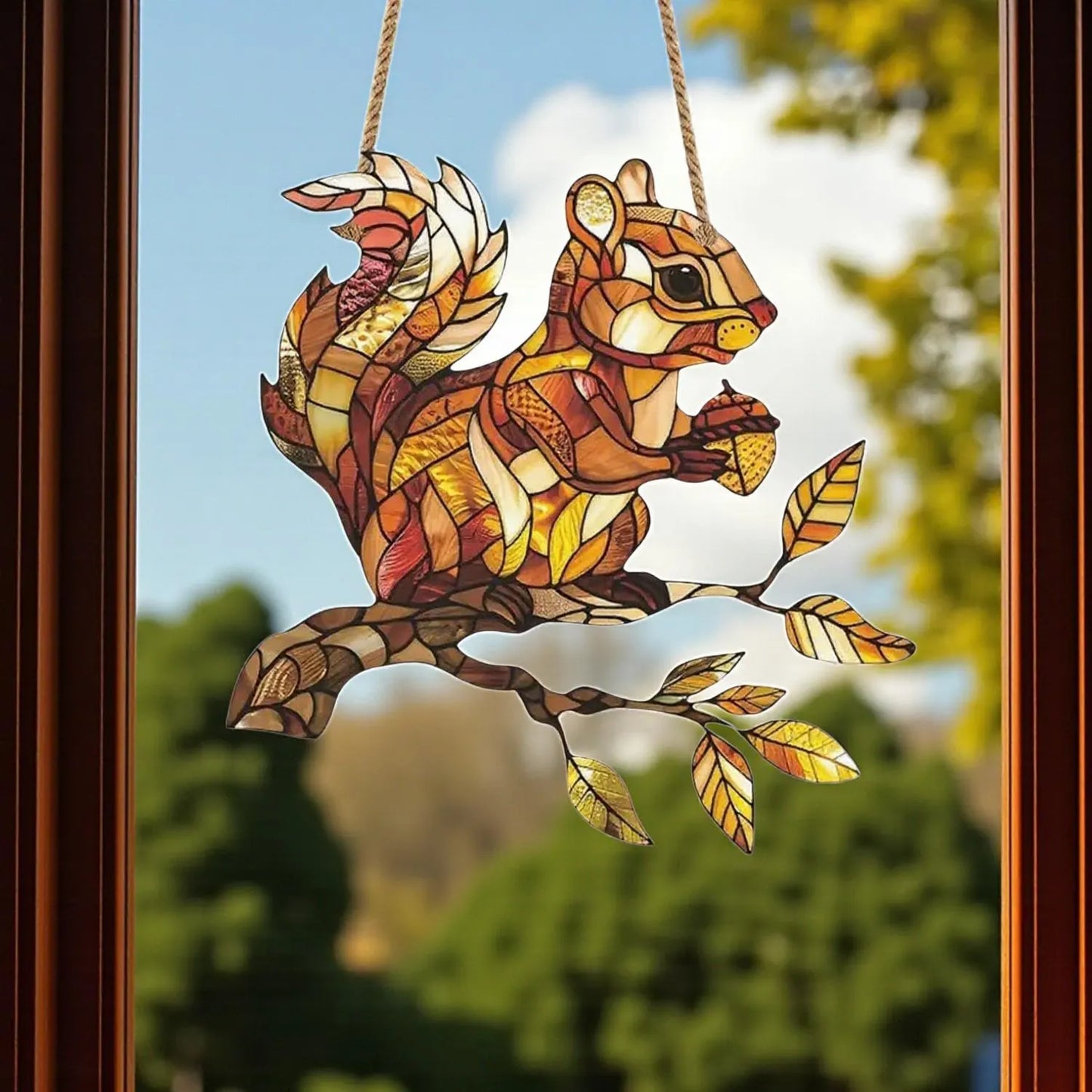 Autumn Squirrel Suncatcher Stained Glass Woodland