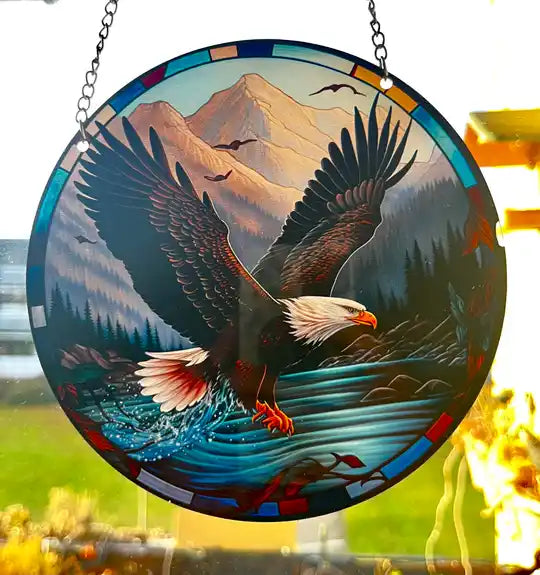 Bald Eagle Mountain Scene Suncatcher Circular Panel