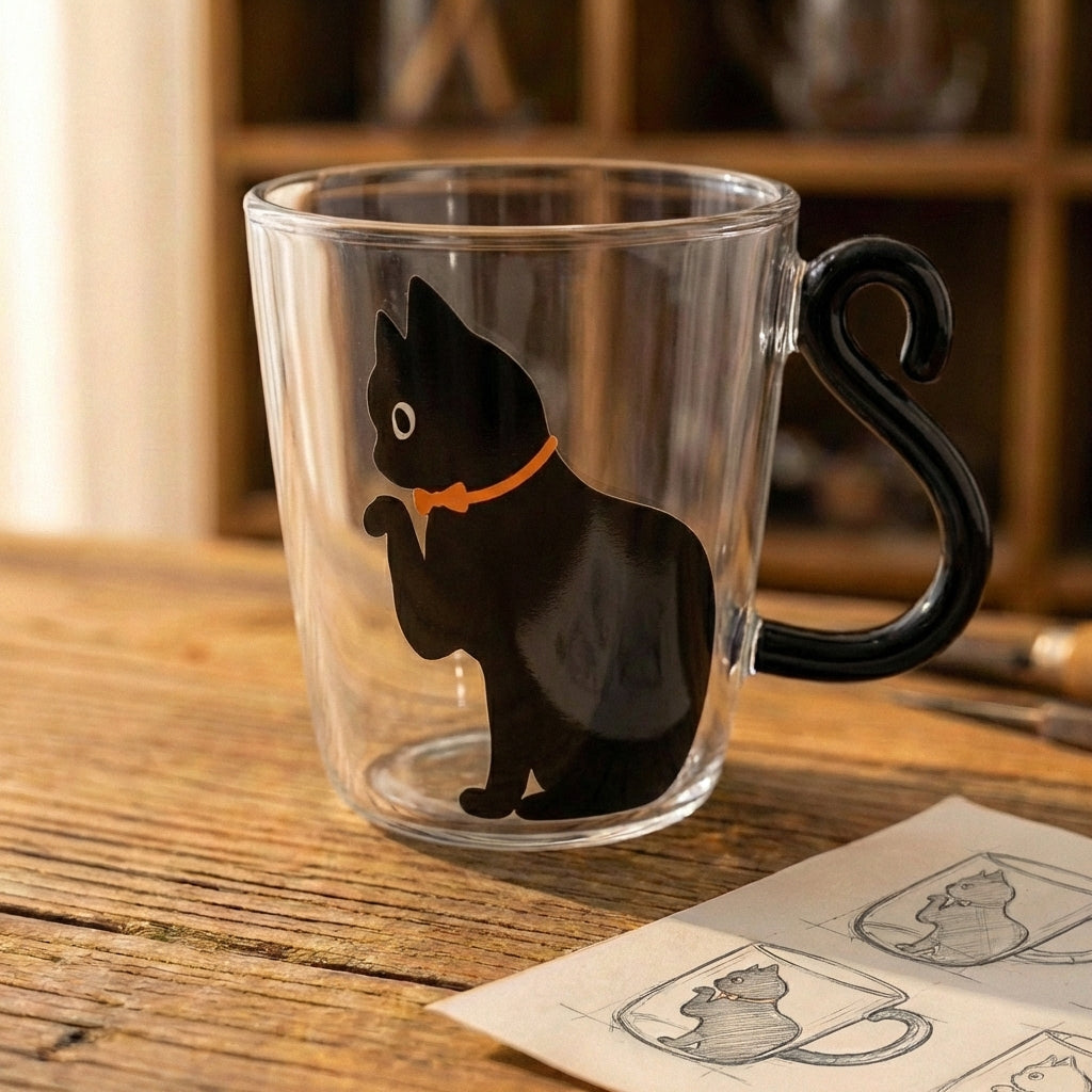 Black Cat Silhouette Glass Mug
