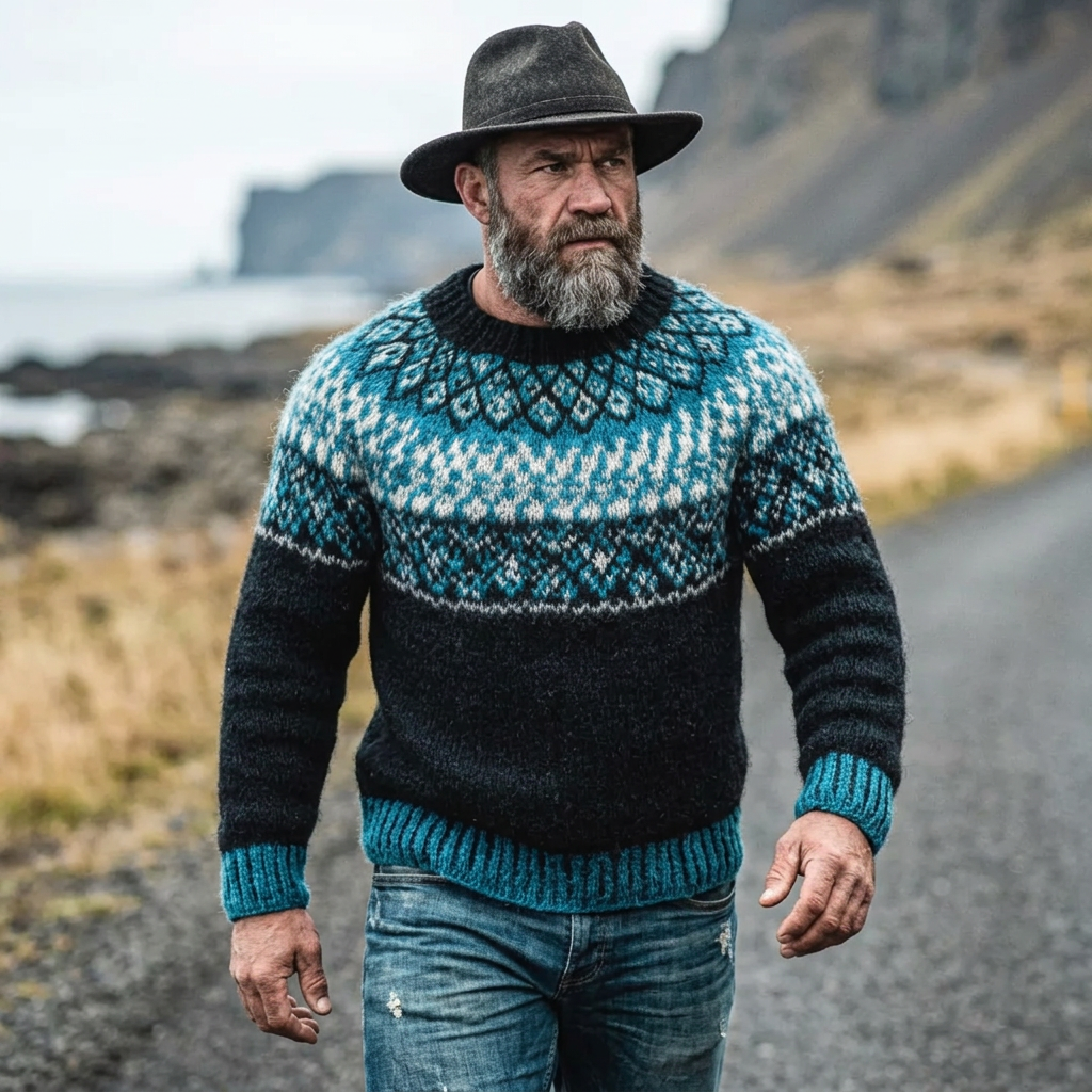 Black & Teal Icelandic Yoke Crewneck