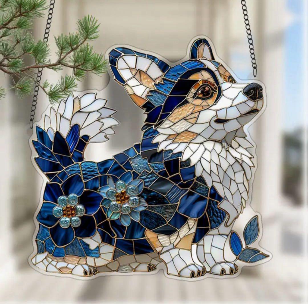 Blue Floral Corgi Dog Suncatcher
