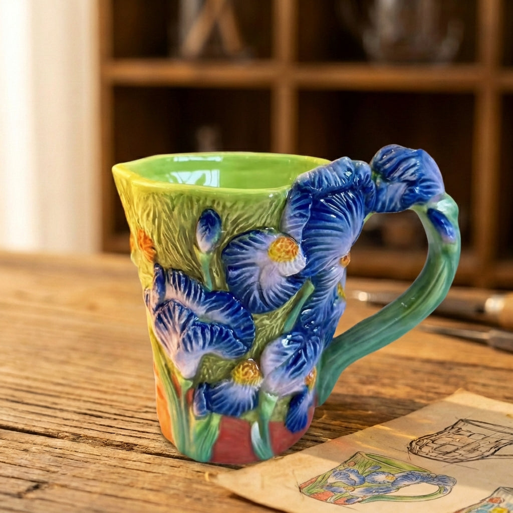 Blue Iris Flower Sculptured Mug