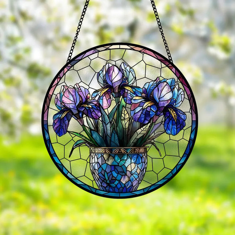 Blue Iris Vase Circle Suncatcher
