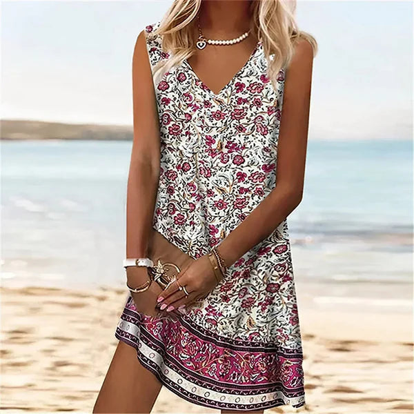 Boho Floral Border Print Sleeveless Dress