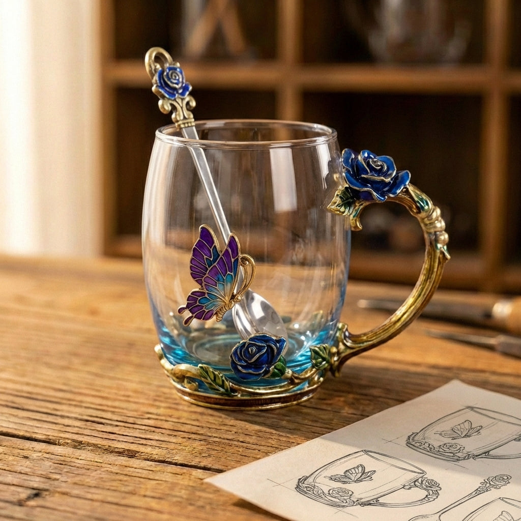 Butterfly Rose Garden Glass Mug