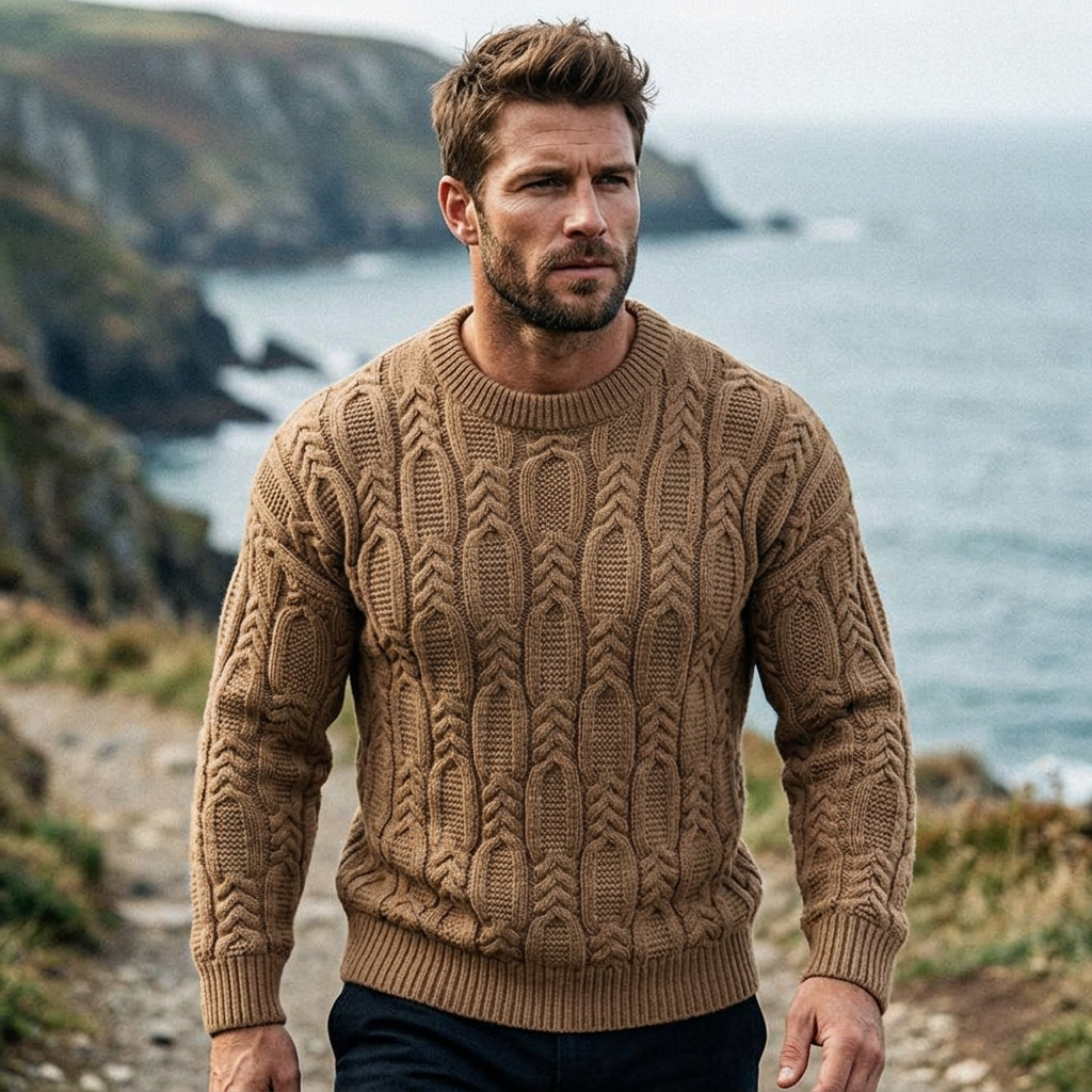 Camel Brown Aran Cable Knit Crewneck