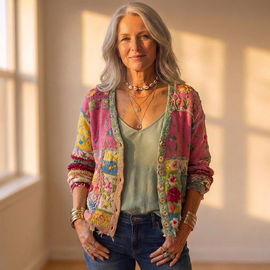 Cardigan Multicolor Patchwork With Floral Embroidery