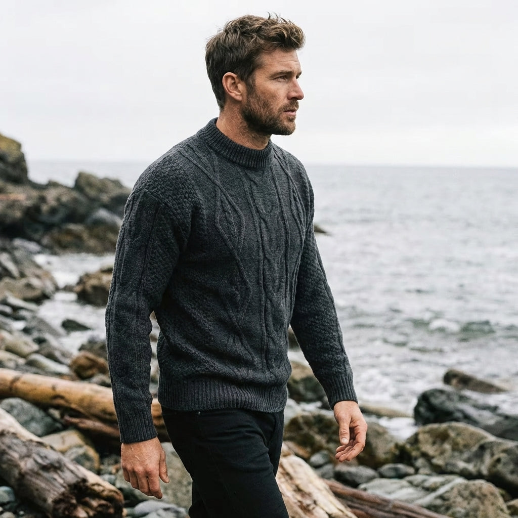 Charcoal Grey Aran Cable Knit Crewneck