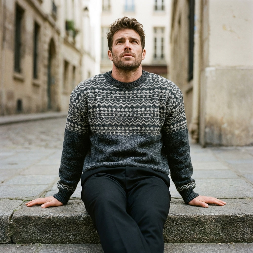 Charcoal Marl Multi Band Fair Isle Crewneck