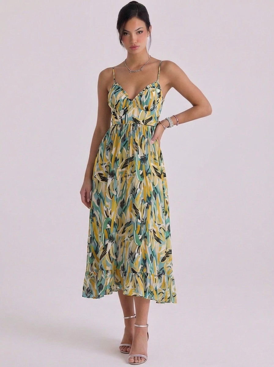 Chiffon Abstract Print Midi Dress With Ruffle Hem