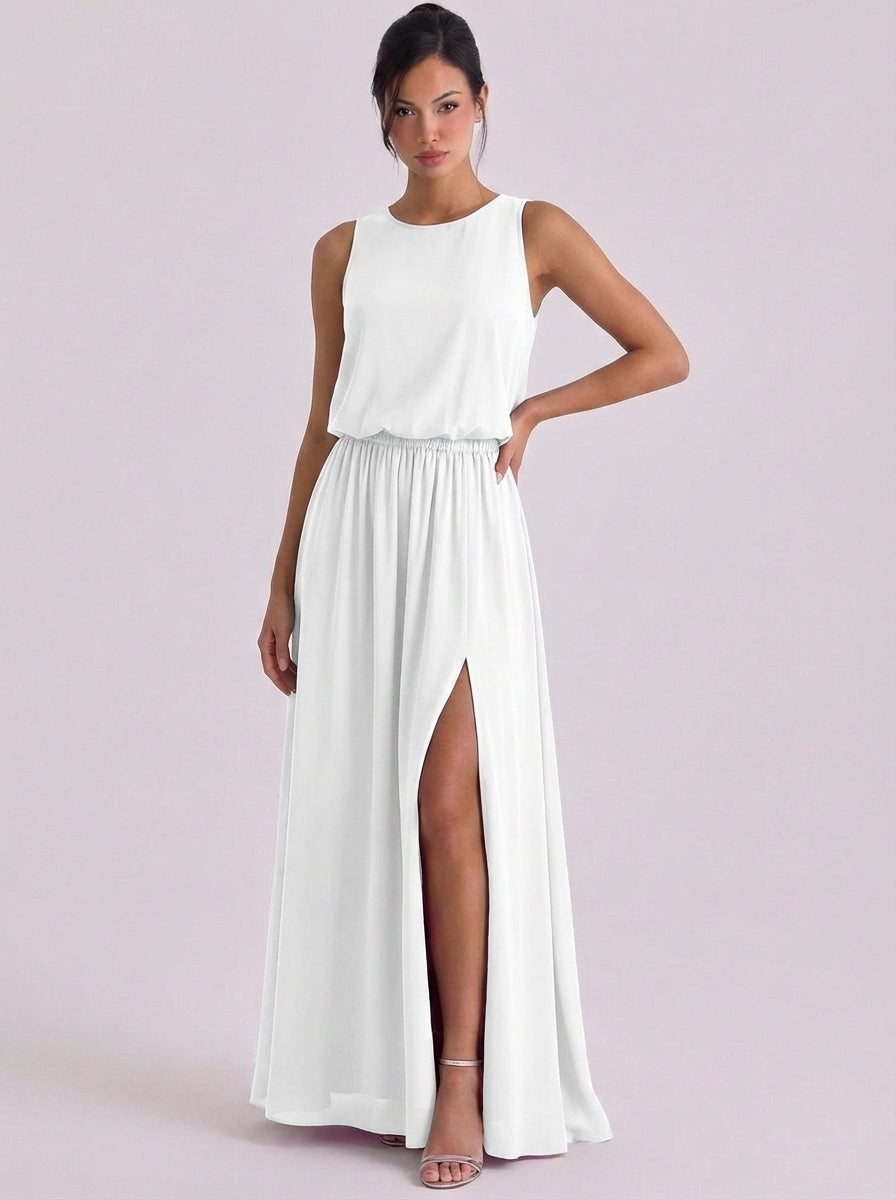 Chiffon Blouson Top Maxi Dress Sleeveless High Slit