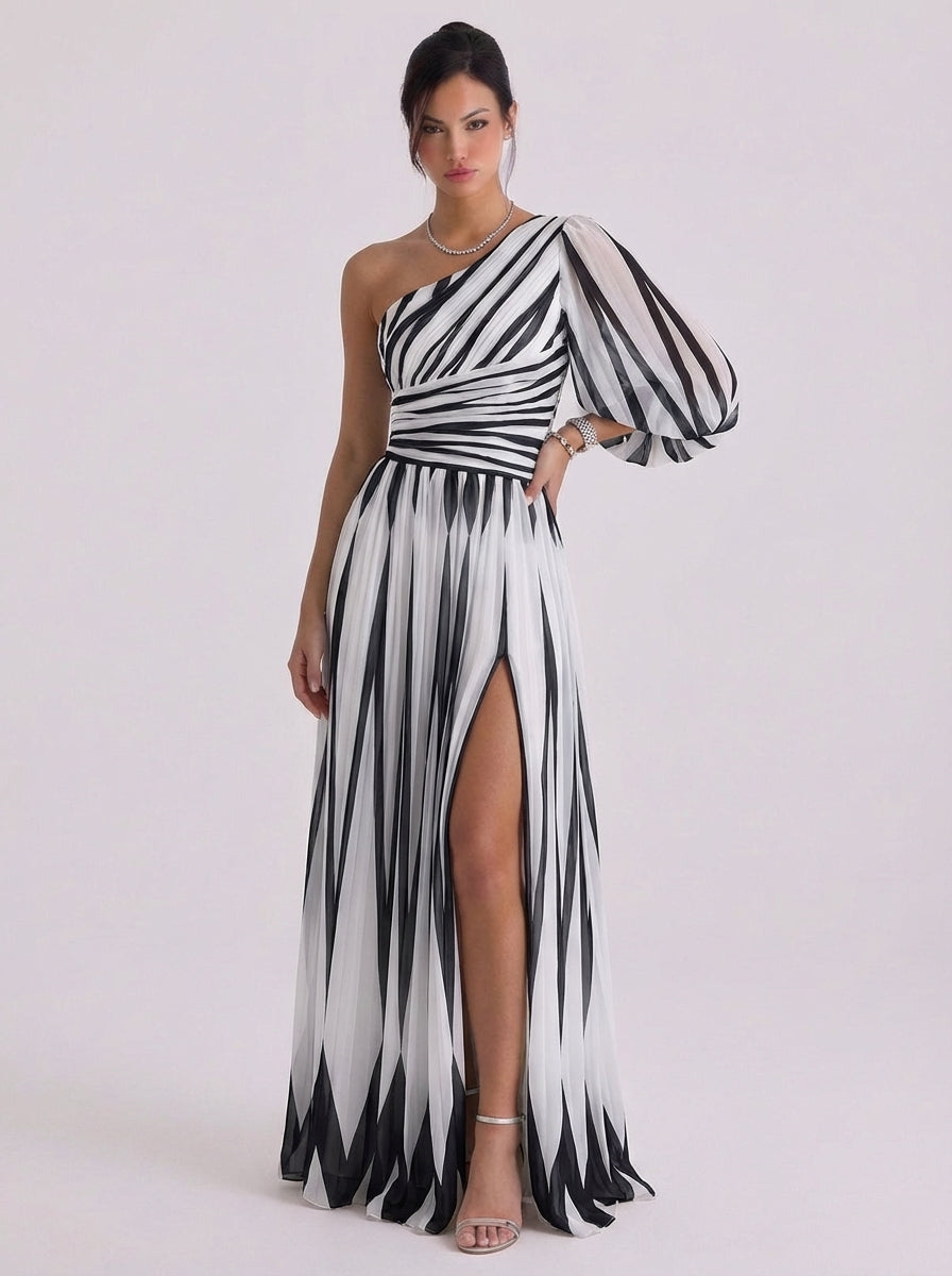 Chiffon Diagonal Stripe One Shoulder Gown Balloon Sleeve High Slit