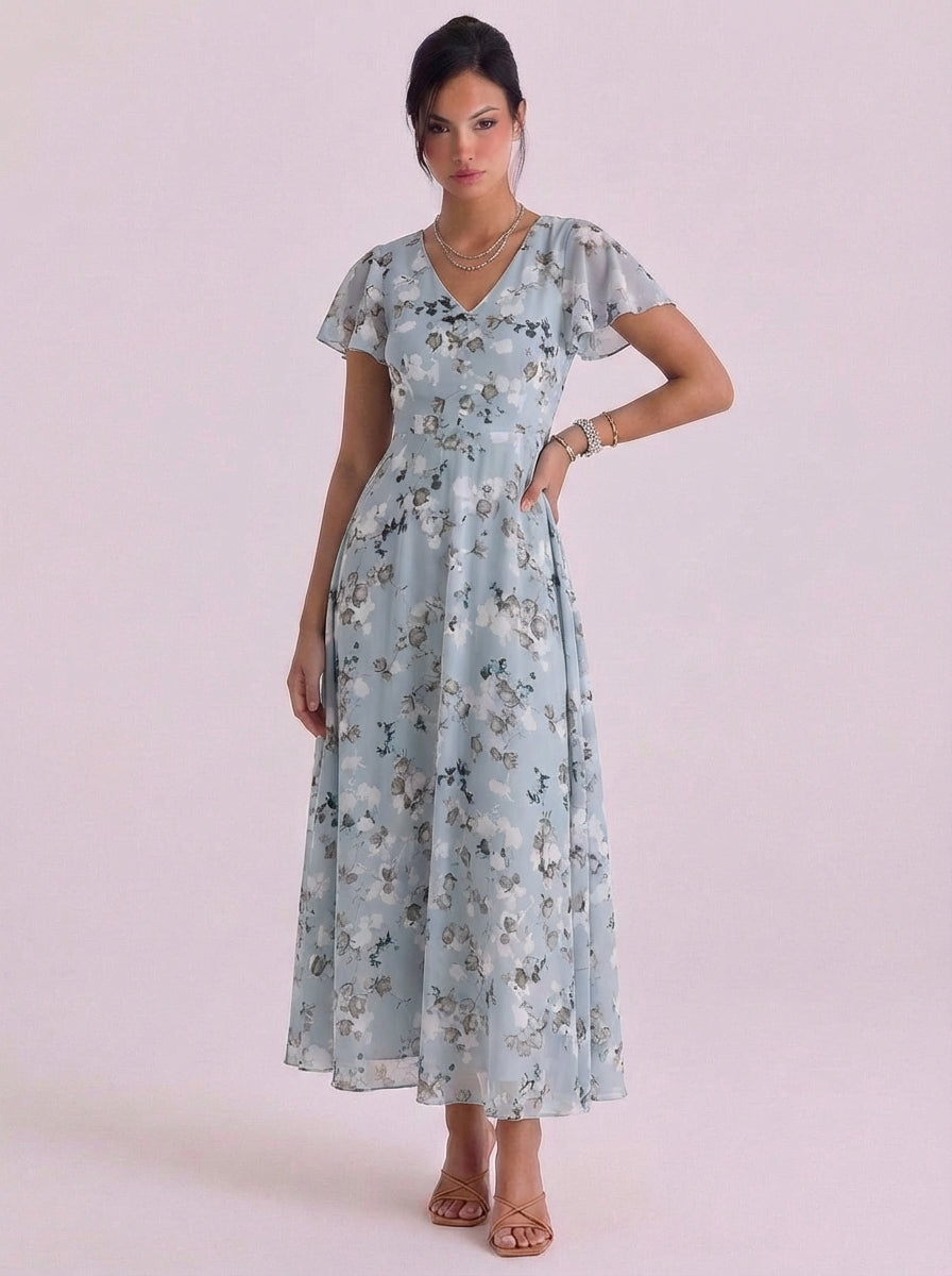 Chiffon Floral Print V Neck Maxi Dress Flutter Sleeve Belted Waist