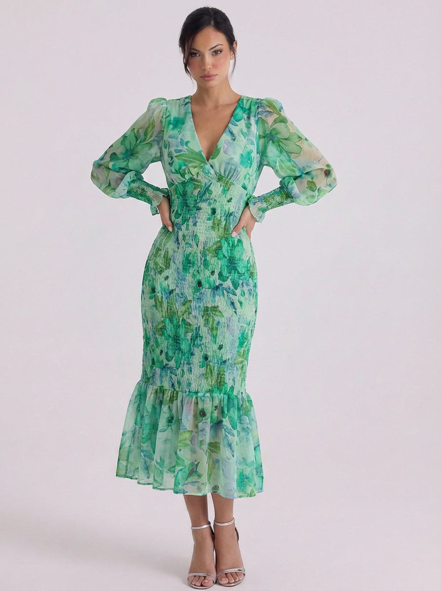 Chiffon Floral Smocked Midi Dress With Puff