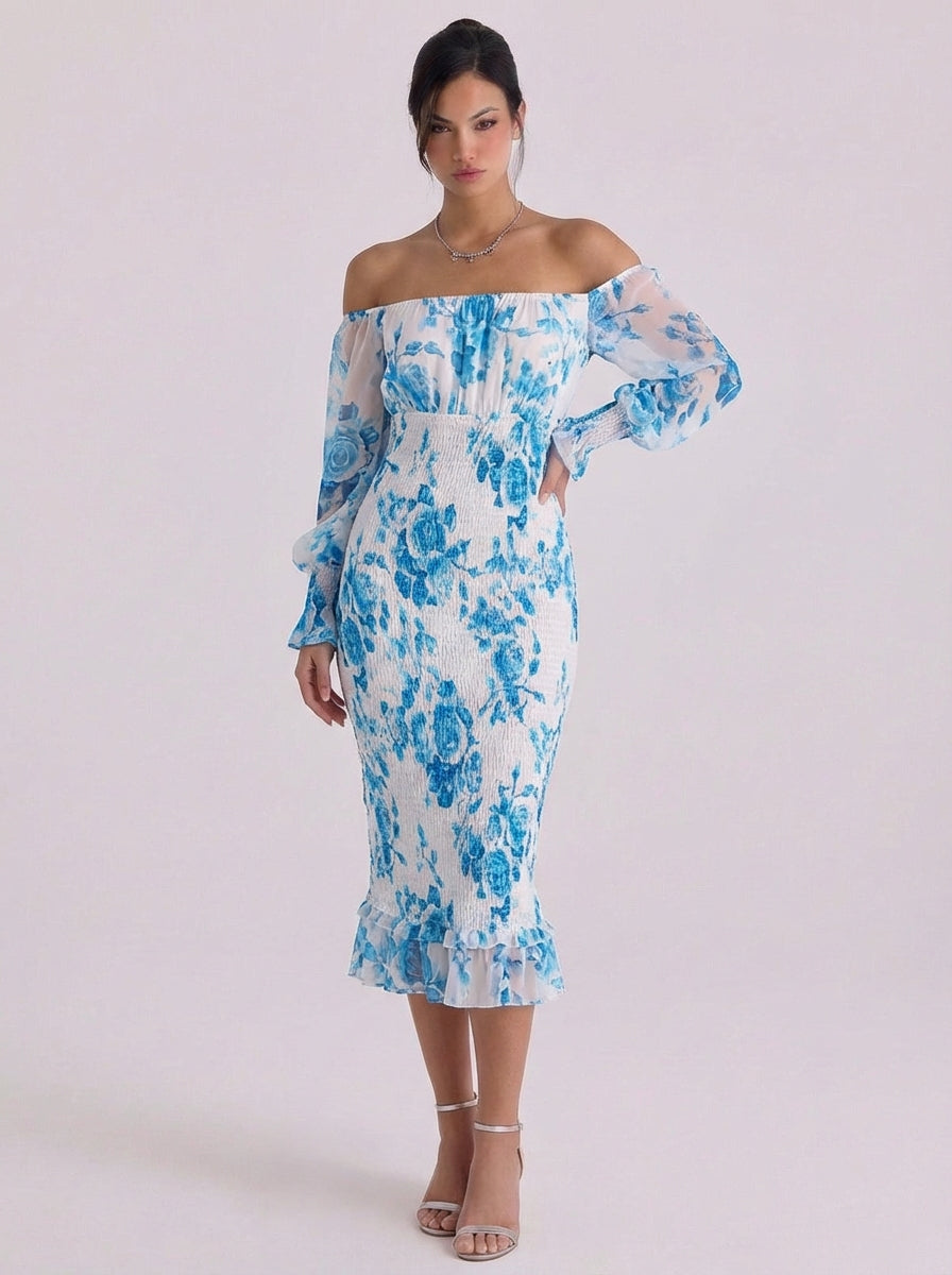 Chiffon Off Shoulder Floral Midi Dress With Smocked Waist