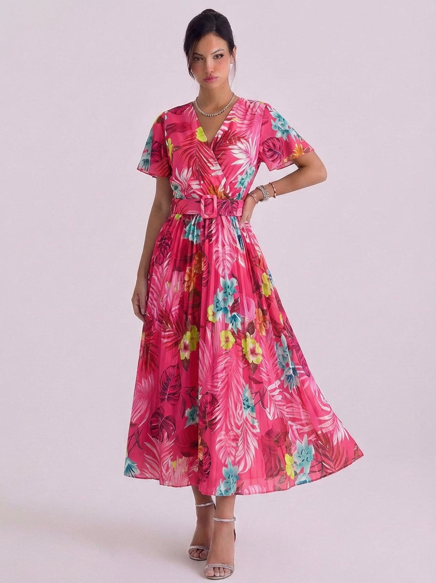 Chiffon Tropical Print Wrap Midi Dress