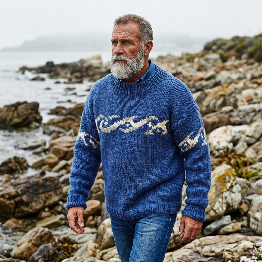 Cornflower Blue Ocean Wave Intarsia Crewneck