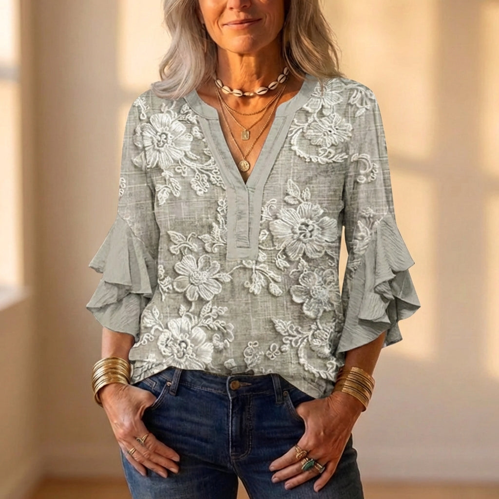 Cotton Blend Blouse With White Floral Embroidery And Ruffle Sleeves