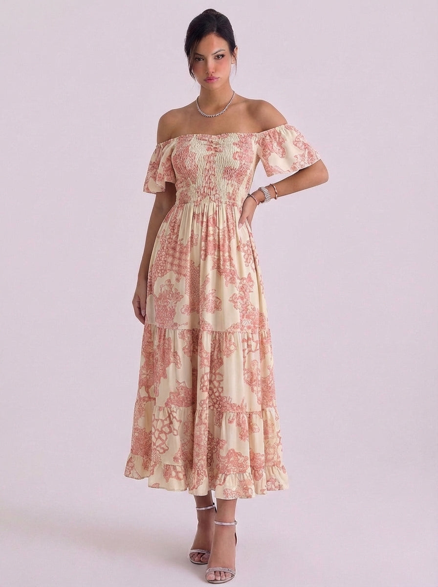 Cotton Off Shoulder Floral Maxi Dress With Smocked Bodice