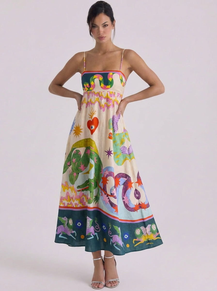 Cotton Printed Maxi Dress With Snake Motif