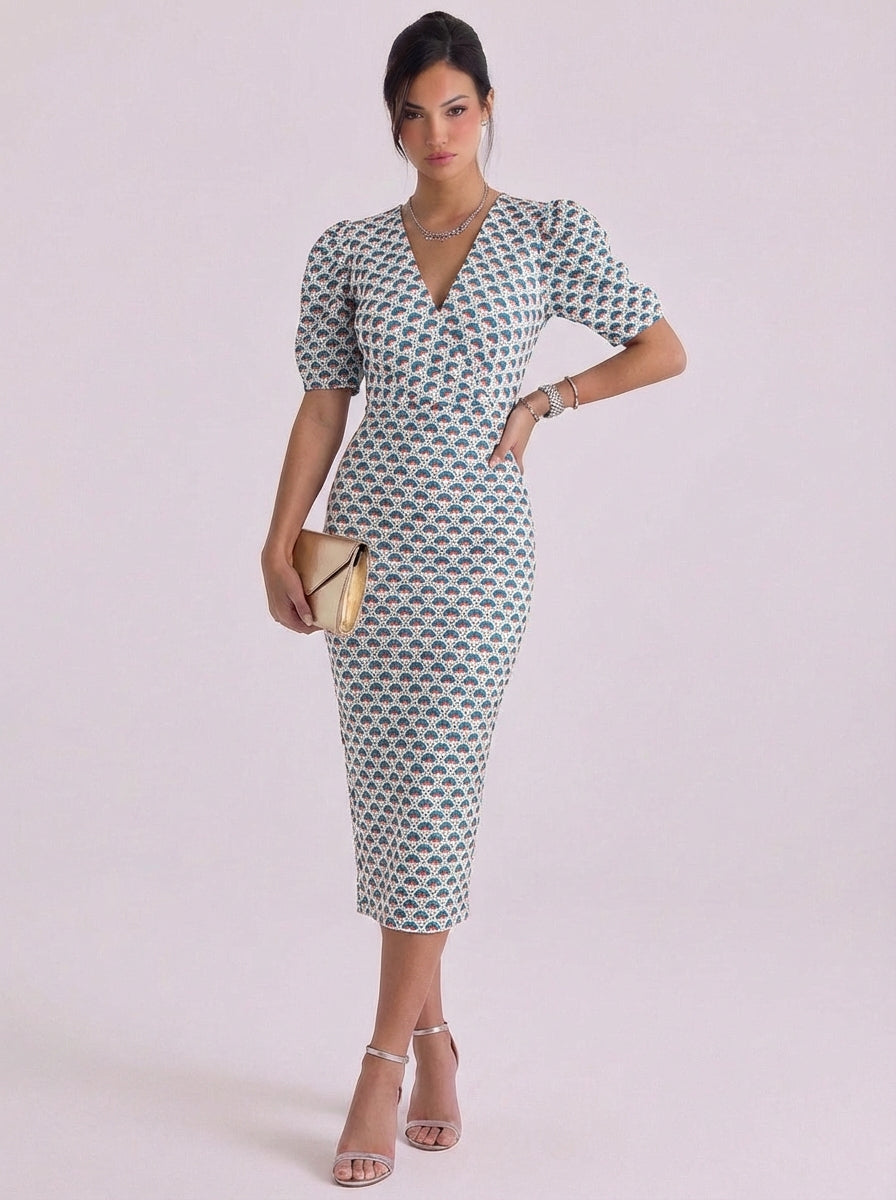 Cotton Puff Sleeve Printed Midi Dress