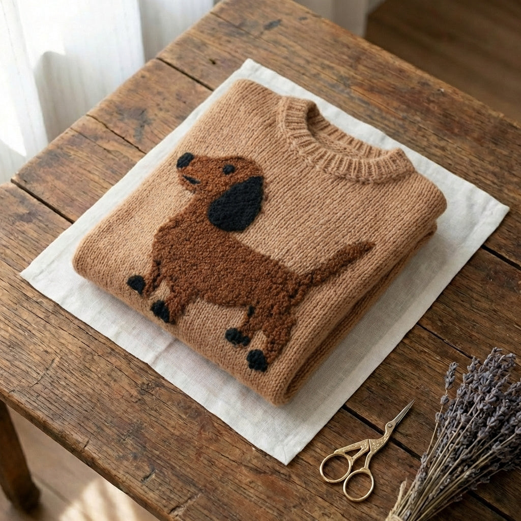 Cotton Pullover With Dachshund And Pink Ribbon Bow
