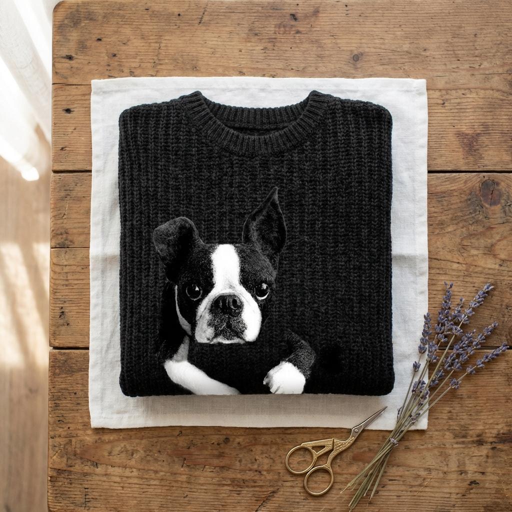 Cotton Sweater Black With Boston Terrier Design