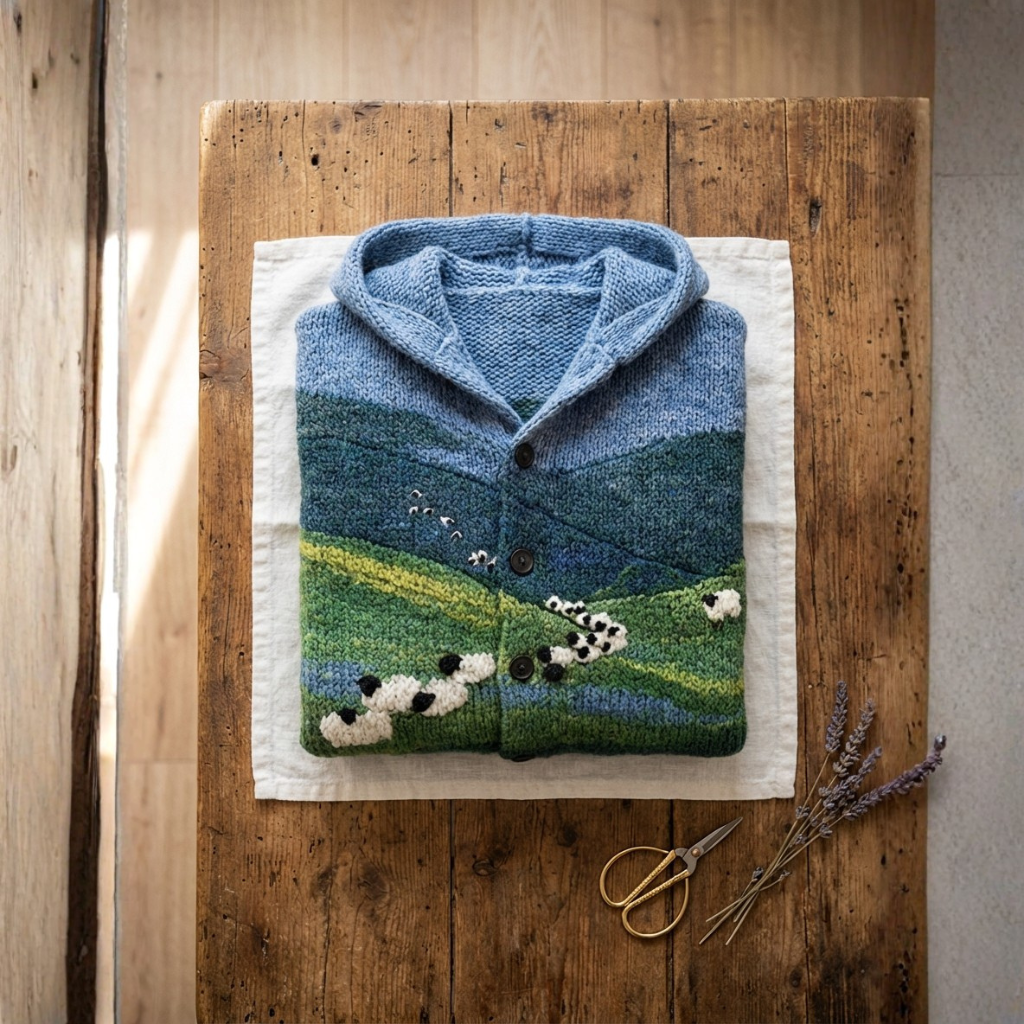Cotton Sweater Blue With Sheep Landscape Cardigan Hoodie