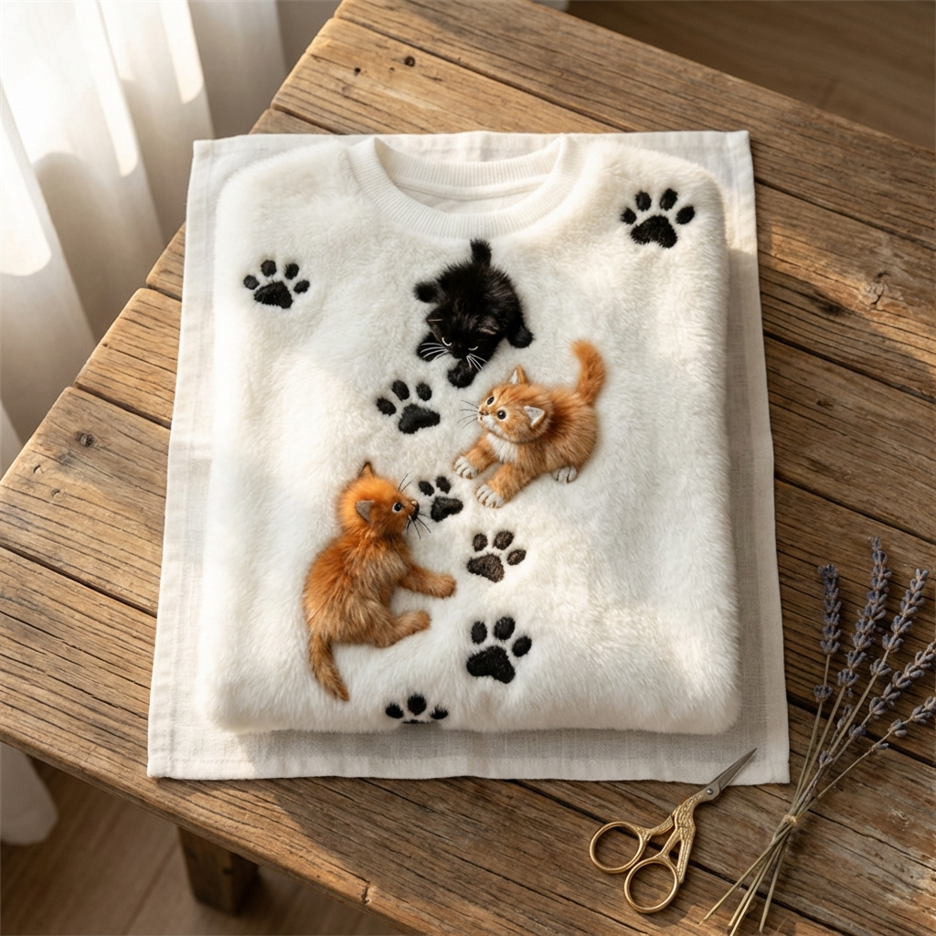 Cotton Sweater Cream With Cats & Paw Print Pattern