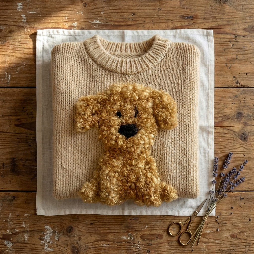 Cotton Sweater Cream With Curly Dog & Floral Pattern