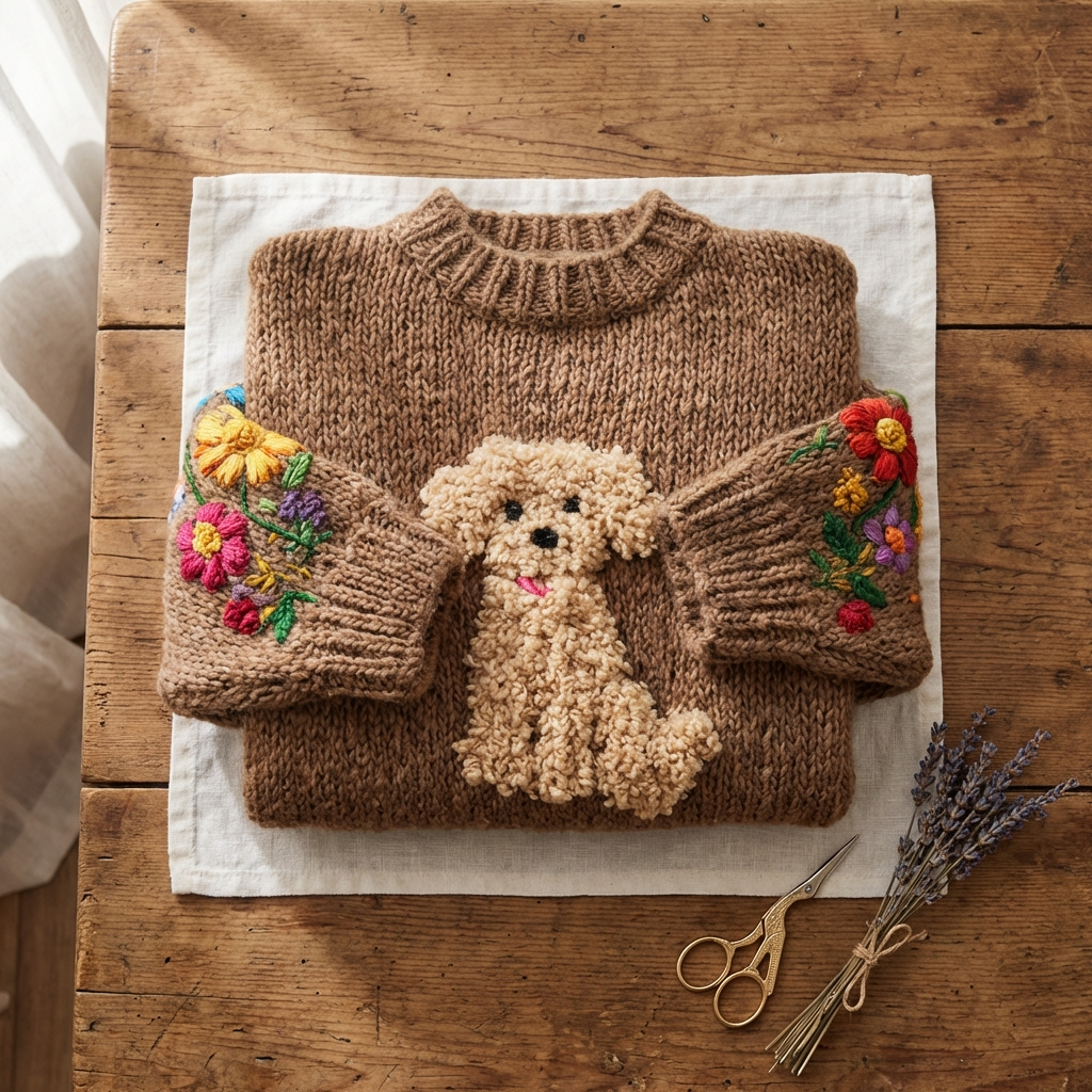 Cotton Sweater Brown With Curly Dog & Floral Pattern