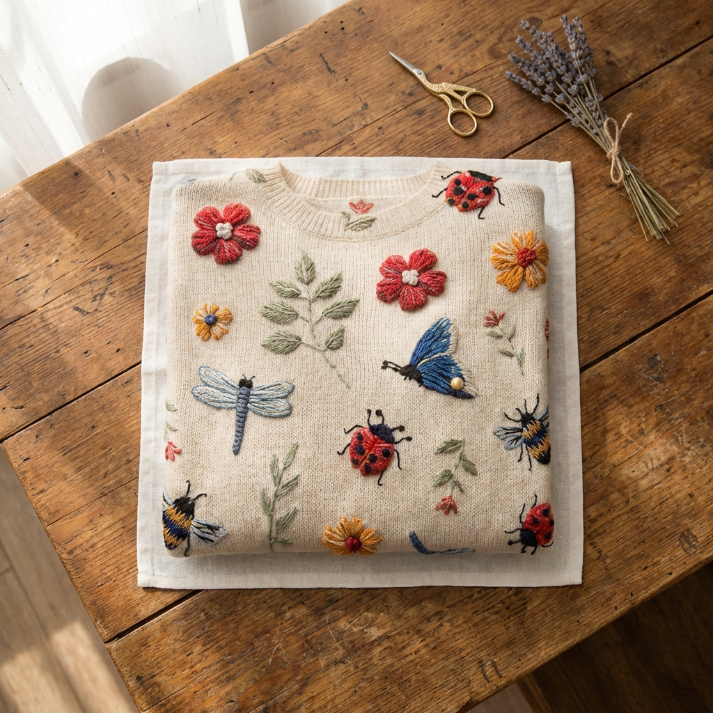 Cotton Sweater Cream With Flower & Insect Pattern