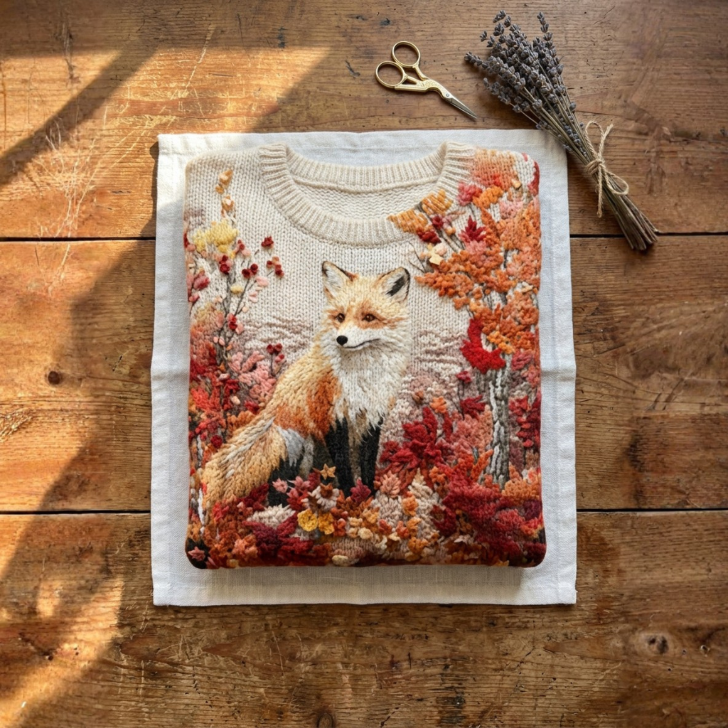 Cotton Sweater Cream With Fox & Autumn Flower Design
