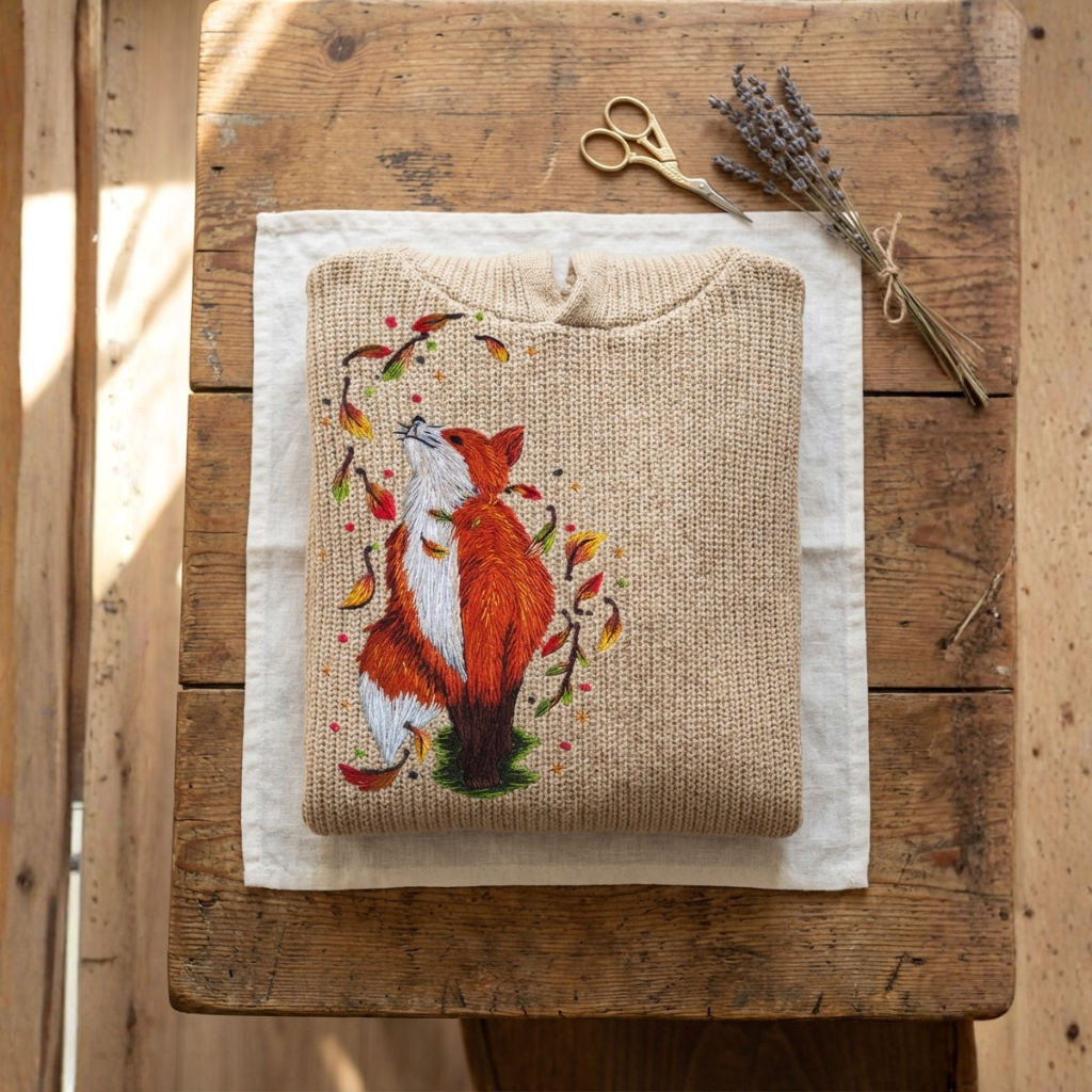 Cotton Sweater Cream With Fox & Autumn Leaf Hoodie Cotton Sweater Cream With Flower & Insect Pattern