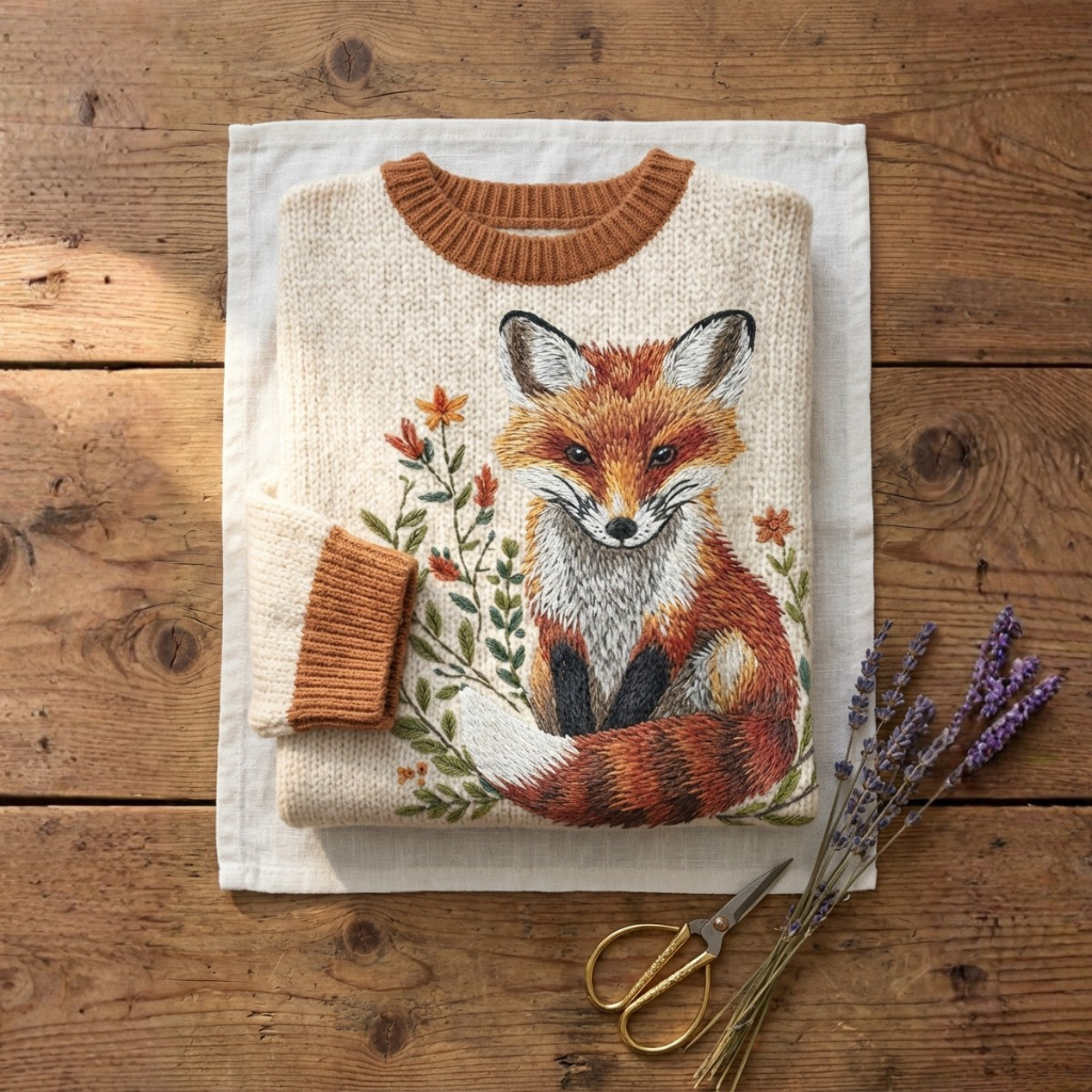 Cotton Sweater Cream With Fox & Wildflower Design