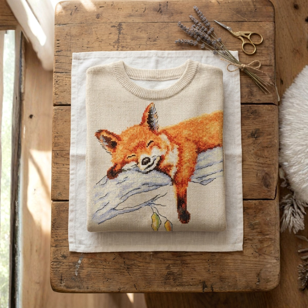 Cotton Sweater Cream With Fox On Branch Design