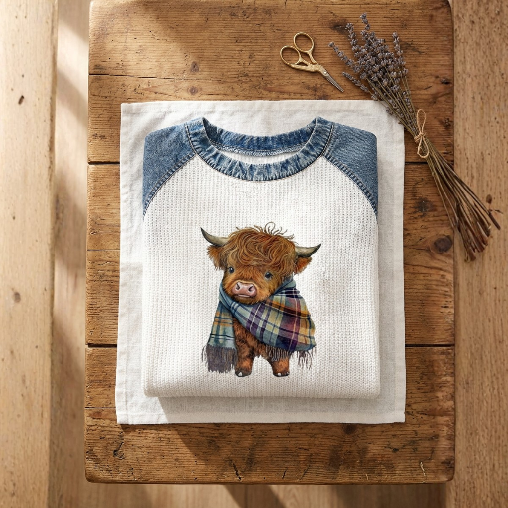 Cotton Sweater Cream With Highland Cow & Plaid Design
